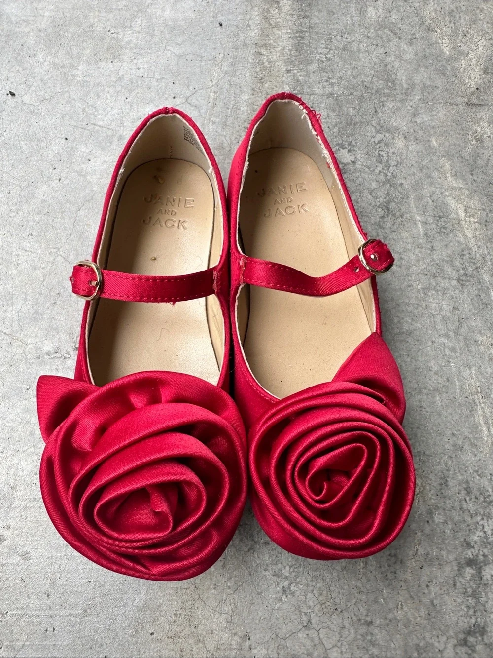 Janie and Jack Girls' Red Satin Mary Jane Shoes with Rosette Detail Size 9